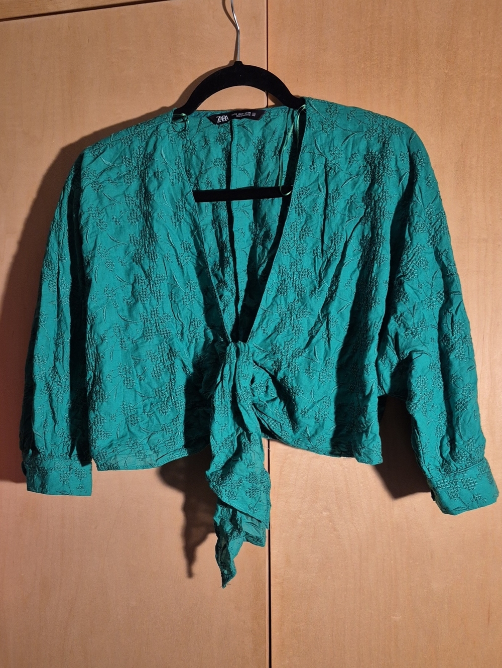 Zara Green Tie-Front Embroidered Crop Top